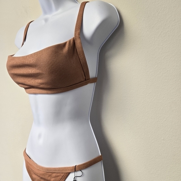 Zaful Bandeau 2 piece Ribbed Bikini Set Orange Salmon L - Picture 3 of 9